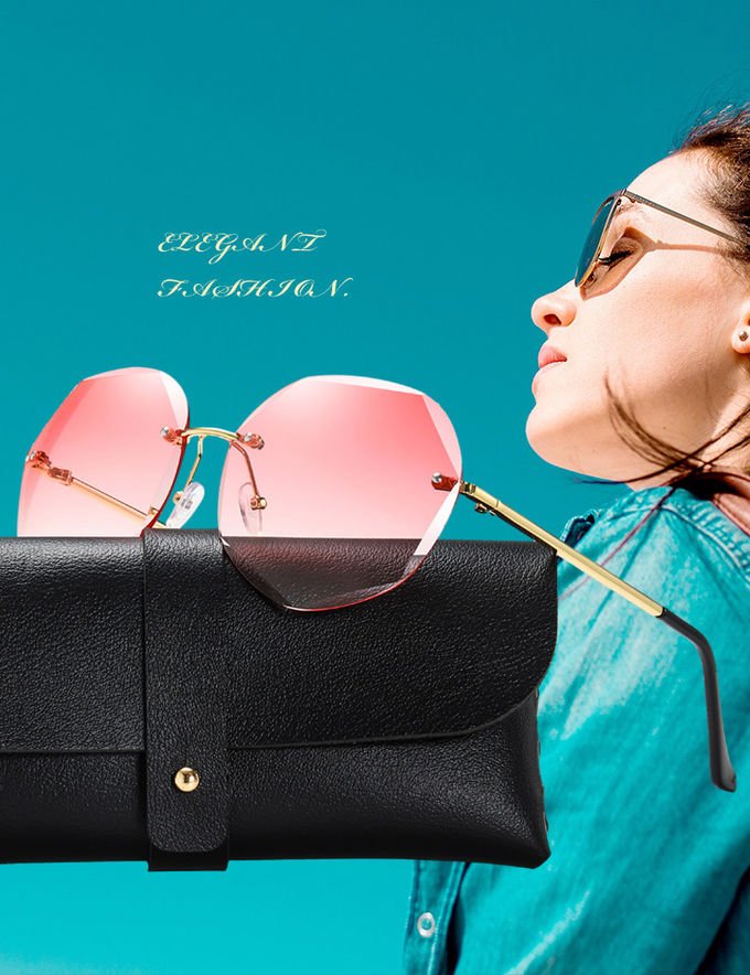 Colorful Gradient Lens Rivets Fashion Rimless Women Sunglasses 0