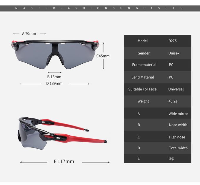 Outside Cycling Explosion Proof Bicycle 139MM Sports Sunglasses BSCI 1