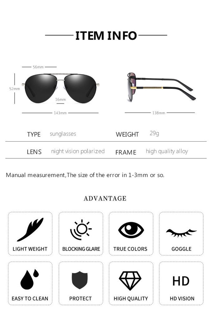 Alloys Pilot Polarized Lens Mens Luxury Sunglasses UV400 Driving Night Fishing Glasses 10