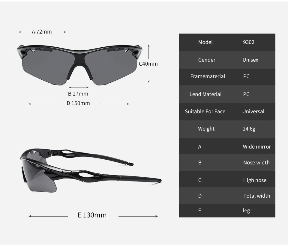 Polarized Sports Sunglasses for Outdoor Cycling - 4 Interchangeable Lenses detail-size chart