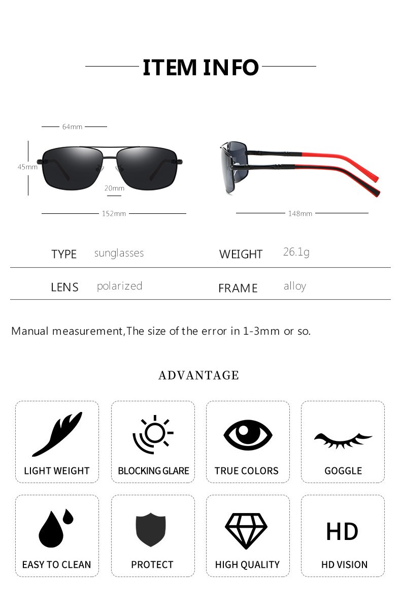 Driving Metal Frame Polarized Sunglasses 152MM UV400 Protection size chart