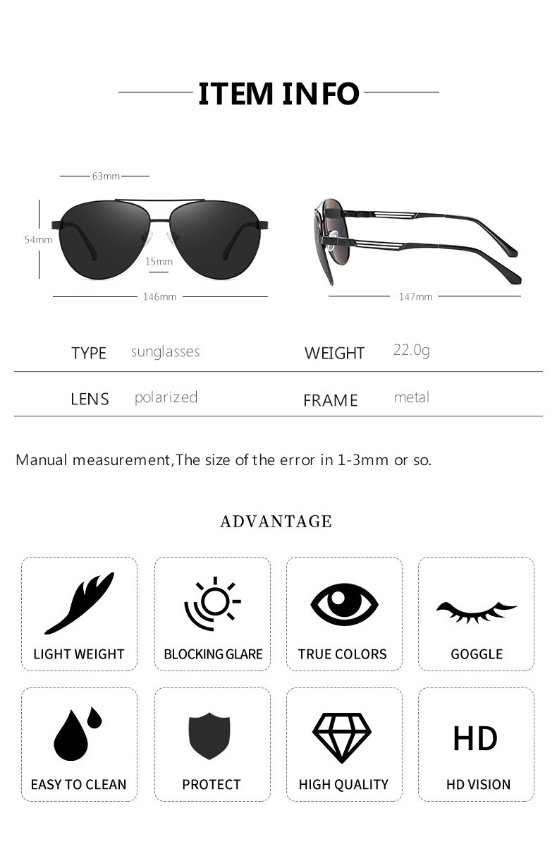 Sunglasses Mirror Lens UV400 Metal Pilot size chart