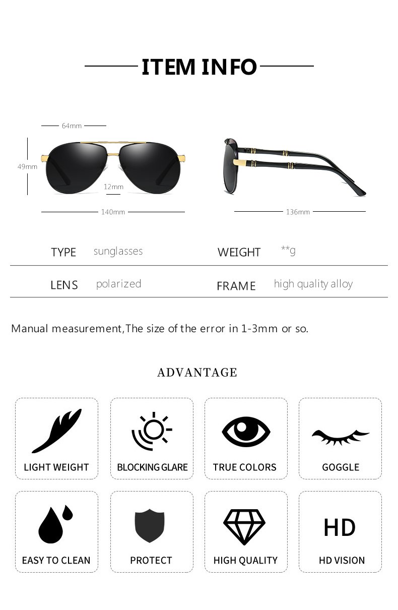 UV400 Resin Lens size chart